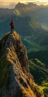 Man standing on top of a mountain at sunset photo