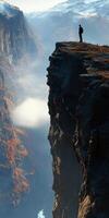 A man stands on the edge of a cliff overlooking a valley photo