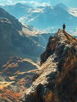 A man standing on top of a mountain overlooking the valley photo