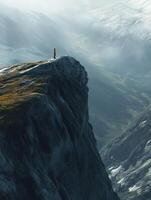 A person standing on a mountain top looking down at the valley below photo