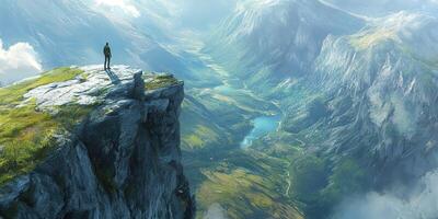 A man stands on the edge of a cliff overlooking a valley photo