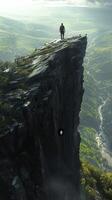 A man standing on top of a cliff overlooking a valley photo