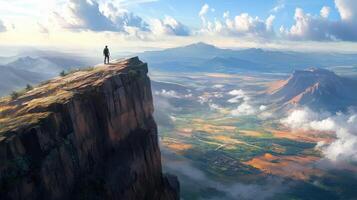 A man stands on top of a cliff overlooking a valley photo