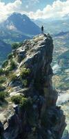 A man standing on top of a mountain overlooking a valley photo