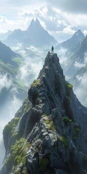 A man stands on top of a mountain overlooking the valley photo