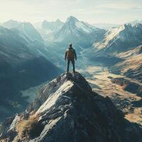 Man standing on top of mountain with mountains in background photo