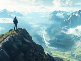 A man standing on top of a mountain overlooking a valley photo