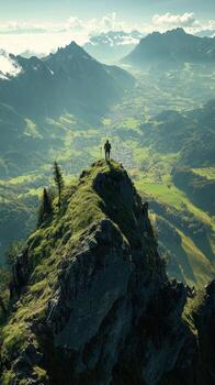 A person standing on a mountain top photo