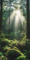Sunlight shining through the trees in a forest photo