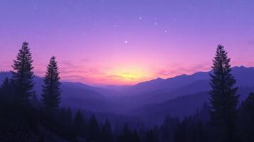 A purple sunset over a mountain range with trees photo