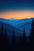 A silhouette of the mountains at night with trees photo