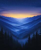 A blue sky with mountains and trees at night photo