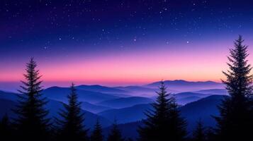 Beautiful mountain landscape with pine trees and stars at night photo