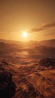 A desert landscape with the sun setting over it photo