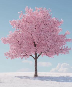 A pink tree is standing in the snow photo
