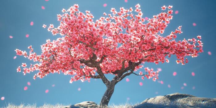 A tree with pink flowers on it in the middle of a field photo