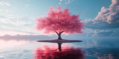 A pink tree is standing on a small island in the middle of a lake photo