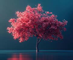 A pink tree is standing in front of a blue background photo