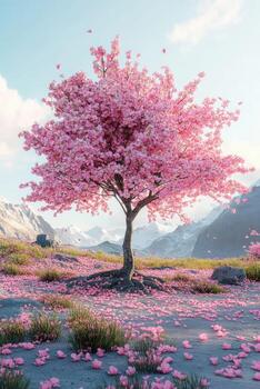 A pink tree stands in the middle of a field photo