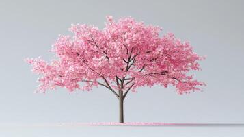 A pink tree is shown in front of a white background photo
