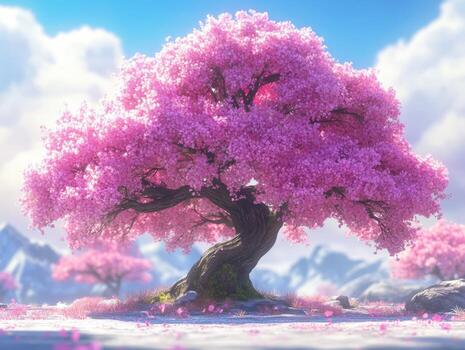 A beautiful pink tree in the middle of a field photo