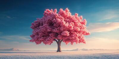 A pink tree stands alone in a field photo