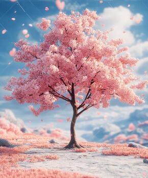 A pink tree in the middle of a field photo