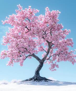 A pink tree is standing in the snow photo