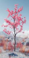 A pink tree in the middle of a desert photo