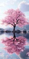 A tree with pink blossoms is reflected in the water photo