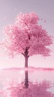 A pink tree is reflected in the water photo