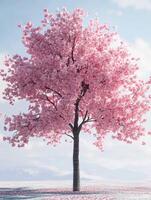 A pink tree is standing in front of a blue sky photo