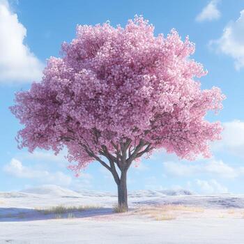 A pink tree stands in the snow on a hill photo