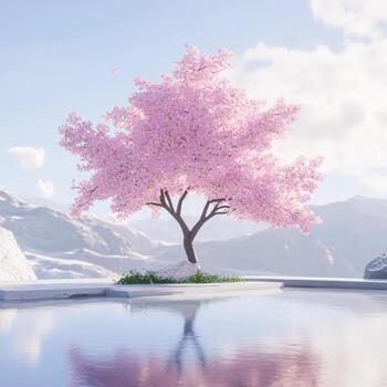 A tree with pink flowers stands in front of a lake photo