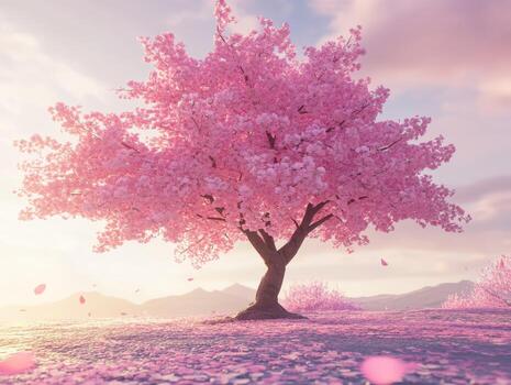 A pink tree stands in front of a field with pink flowers photo