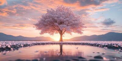 A tree with pink flowers in the middle of a lake photo