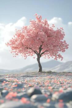 A pink tree is standing in the middle of a field photo