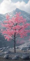 A pink tree stands alone in a barren area photo