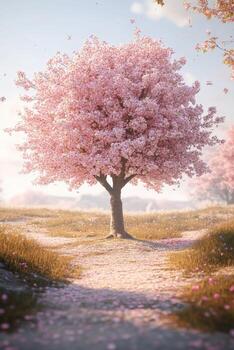 A pink tree stands in the middle of a field photo