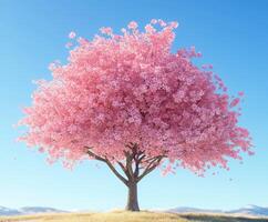 A pink tree is standing in the middle of a field photo