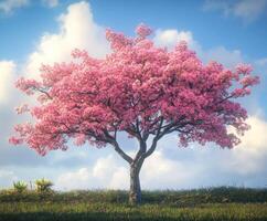 A pink tree is in the middle of a field photo