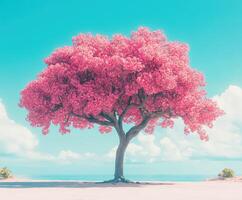 A pink tree stands in front of a blue sky photo