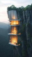 A house on top of a cliff with a view of the mountains photo