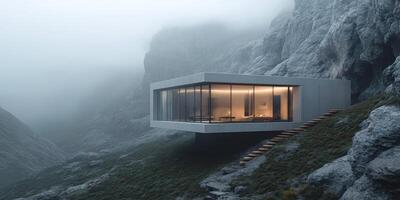A house in the mountains with stairs leading up to it photo