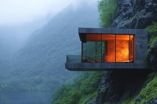 A house on a cliff overlooking a lake photo