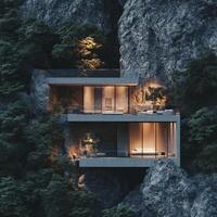A house in the mountains with a tree in front photo