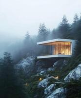 A modern house on a mountain in the fog photo