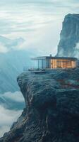 A house on top of a mountain with fog photo