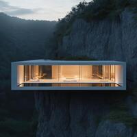A house on top of a cliff with a view of the mountains photo