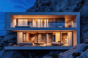 Modern house on the rocks at night photo